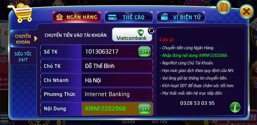 Hướng dẫn nạp tiền tại RikVIP Club