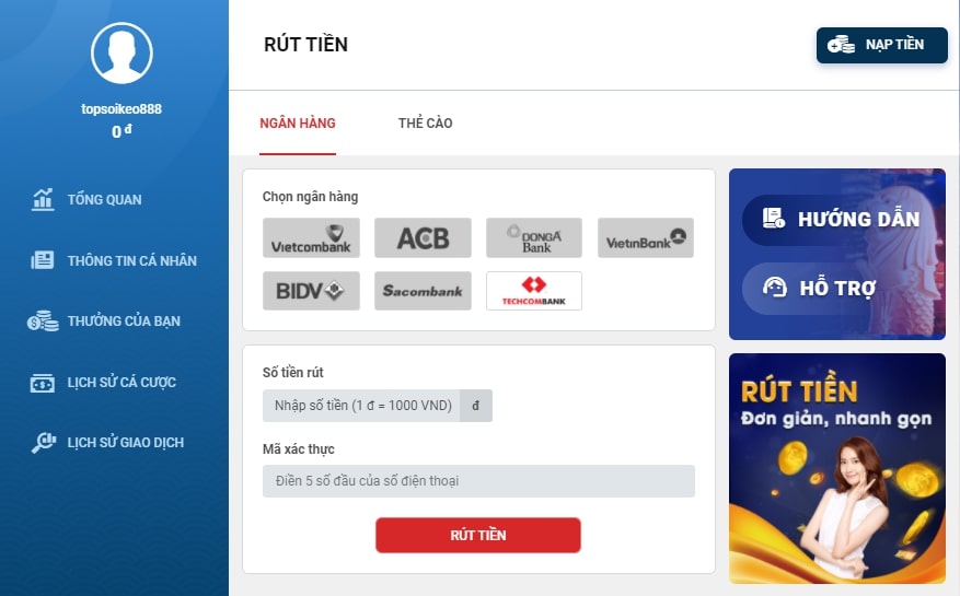 Hướng dẫn rút tiền Sin88