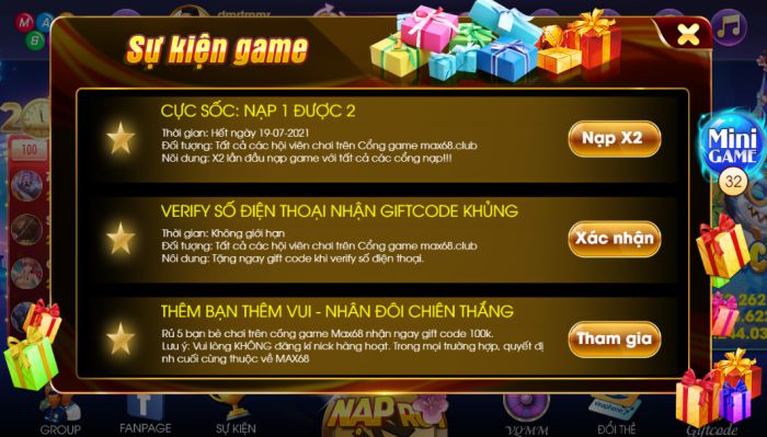 Mã code game Max68 Club